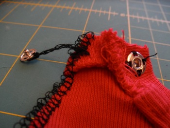 Modest Mocks - Carla Anne Coroy - making a Modest Mock - red Modest Mock showing thread chain and snap