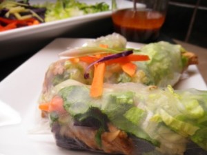 Vietnamese Salad Rolls with Ginger Salmon - Carla Anne Coroy - Dressing is in the glass with the spoon in it